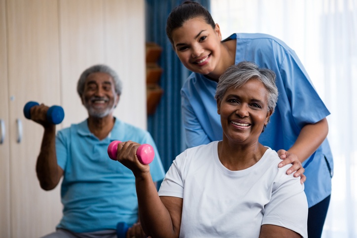 Short-Term Rehabilitation in Spring Lake LA with seniors exercising and staff offering support